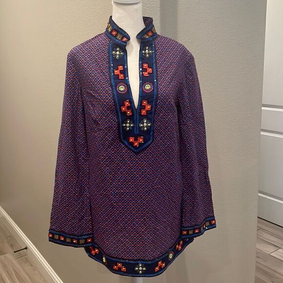 Tory Burch Embroidered Long Sleeve Tunic Blouse - Picture 1 of 7